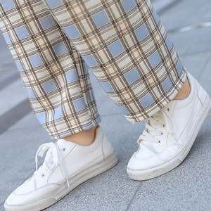 I-0412 High Waist Wide Leg Pants <b>Women</b> High Waist Casual Home Wear Pants Plaid Loose Straight-leg Pants - Product Image 3
