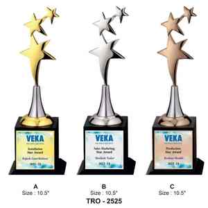 Base sólida para premios de reconocimiento al rendimiento, premios corporativos por logros y trofeo de premio con diseño de curva de doble estrella y acabado metálico. - Product Image 1