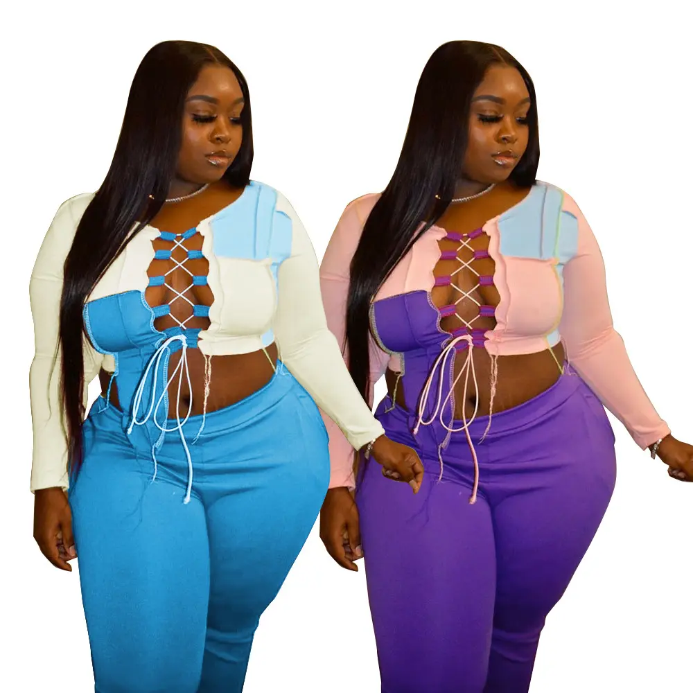 New Style 2022 Plus Size Women's Two Piece Pants Set Splicing Purple Bandage Set Fashion Large Size Trouser Suits