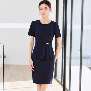 Elegant Short Sleeve Peplum Suit O Neck Solid Color Polyester Career Dress Women's Workwear - Product Image 1