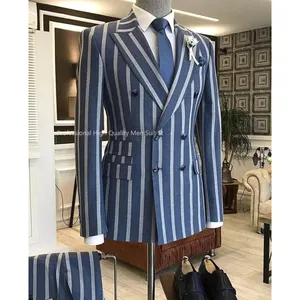 Geniş şerit mavi iş erkek takım elbise kostüm Homme düğün damat Slim Fit uyarlanmış 2 adet setleri Blazer pantolon parti giyim