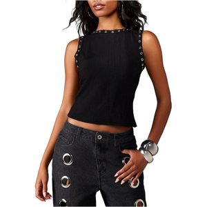 FOXA Women's Ribbed Knit Tank <b>Top</b> <b>Mock</b> <b>Neck</b> Sleeveless Crop <b>Top</b> With Grommets Summer Wear - Product Image 1