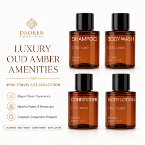 Mini Kit de Voyage 30ml pour Hôtels : Shampoing et Après-Shampoing Marque Blanche, Parfum Oud Ambre, Écologique, OEM ODM - Product Image 1