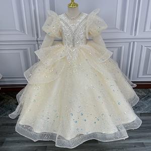 Abito da ballo per bambine 2026 con paillettes, in tulle azzurro, stile <span class=keywords><strong>principessa</strong></span>, con maniche a sbuffo e ricami, abito formale da festa, abito da concorso per bambini - Product Image 6