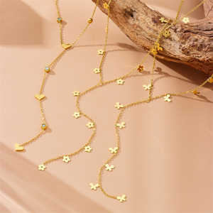 Gold Plated Stainless Steel Flower Heart Y Shape Necklace For Women Gift Jewelry - Product Image 1