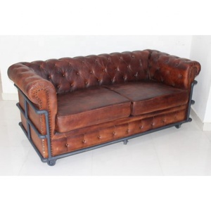 Sofá Chesterfield Industrial Vintage de Dos Plazas, Cuero Genuino, Mueble Cuadrado para el Hogar, Apariencia Antigua, para Apartamento - Product Image 1