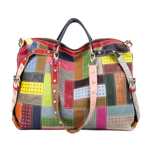 Women's Random Color Patchwork Leather Backpack - Colorful Cowhide Daypack For Campus & Travel