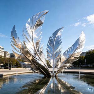 Sculpture de plume en acier inoxydable poli miroir sur mesure, statue de plume en métal pour la décoration paysagère extérieure de jardin - Product Image 1