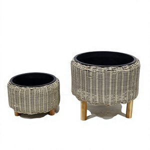 Ensemble de pots de fleurs en plastique pour l'extérieur, jardinières de style rustique, design circulaire avec pieds en bois pour fleurs et plantes vertes - Product Image 1