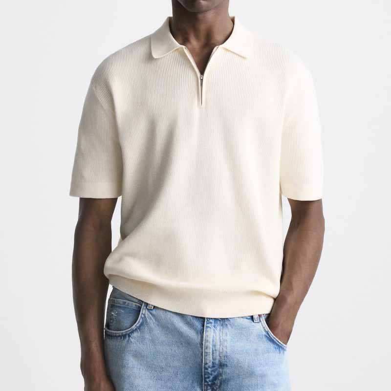 Ottoknit Men's Zippered Knit Polo Shirt Premium Waffle Texture Jacquard Fabric