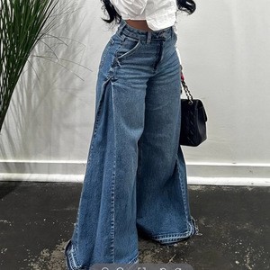 <span class=keywords><strong>Jean</strong></span> large pour <span class=keywords><strong>femme</strong></span>, style européen et américain, bleu délavé, avec empiècements, coupe évasée, ample, longueur au sol, à bords bruts - Product Image 2