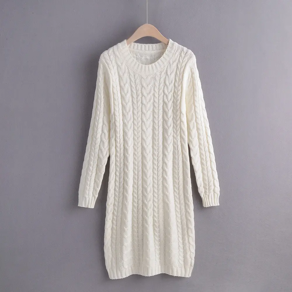 Custom Autumn Winter Long Sleeve Crew Neck Cable Knitted Sweater Dress Women