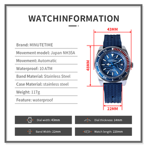 Montre mécanique automatique vintage MINUTETIME avec logo personnalisé NH35, étanche, pour hommes, cadran à motif de feuille bleue samouraï - Product Image 5