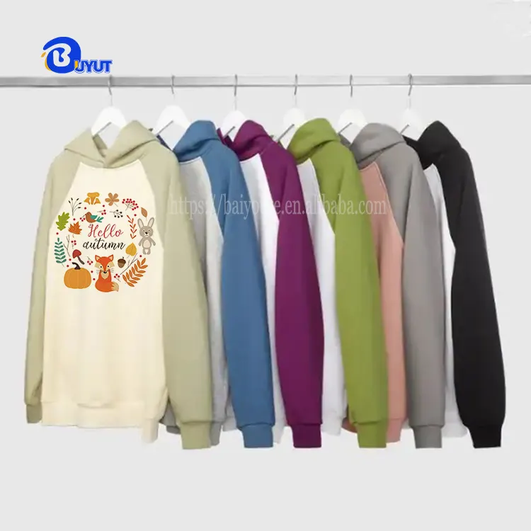 Sweatshirts à capuche manches longues à manches raglan couleur unie couleurs mélangées logo personnalisé sublimation dtf couleurs contrastées sweat à capuche