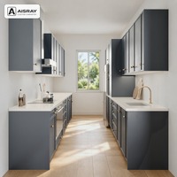 Meuble de cuisine laqué Shaker en configuration en U avec portes à cadre fin bleu marine, boutons ronds et boîtes de rangement en MDF