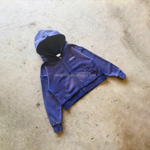 Fabricant de vêtements – Nouveaux sweats à capuche personnalisés avec fermeture éclair, style streetwear, coupe oversize et ample, 100 % coton, effet délavé à l'acide, avec strass, pour hommes - Product Image 2