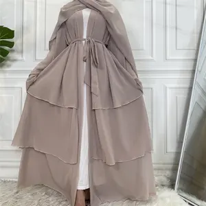 Best-seller en mousseline de soie ouvert Abaya couleur unie 3 couches à manches longues Dubai Abayas Cardigan Style 9 couleurs