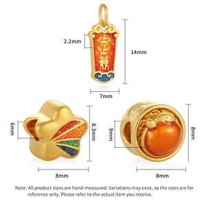 1.85g 5D <b>Solid</b> <b>Gold</b> Enamel Fine Jewelry Hand-Rolled Bracelet with Star Fortune Stick Orange Pearls Charms - Product Image 2