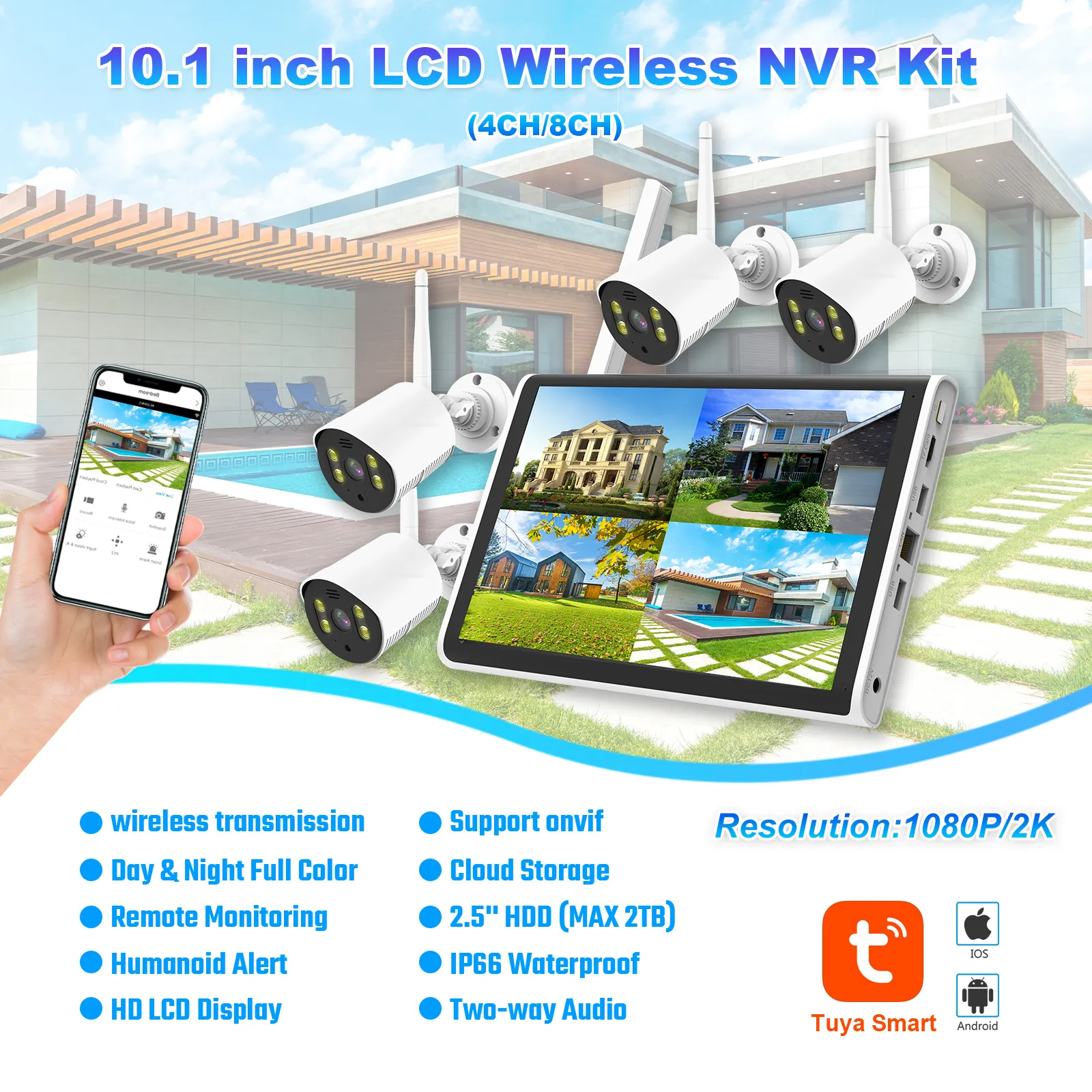 Harga pabrik 10.1 inci 4 saluran sistem kamera cctv kit NVR dengan tuya smart wifi camera Kit untuk pemantauan