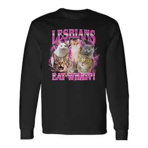 Camiseta de manga larga unisex con cuello redondo y estampado digital de meme de gato 'Lesbians Eat What', promocional para adultos - Product Image 1