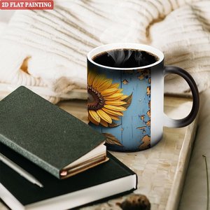 Taza de Cerámica Negra Esmerilada de 11 oz, Taza Termosensible con Diseño de Girasol, Pintura Plana 2D - Product Image 3