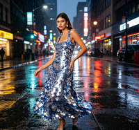 Robe longue de soirée élégante et scintillante pour femme, bleu dégradé, à paillettes, en mousseline, col halter, coupe trapèze, effet illusion, à séchage rapide