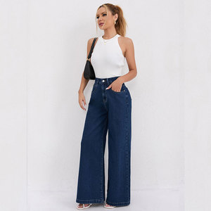 Jeans transfrontaliers - Pantalon en <span class=keywords><strong>jean</strong></span> taille haute <span class=keywords><strong>bleu</strong></span> foncé pour femme, coupe évasée, amincissant, longueur ras du sol, tendance et polyvalent - Product Image 3