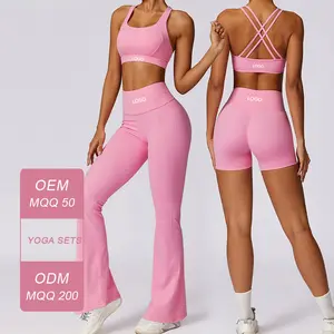 8047 Fitness Yoga desgaste correa cruzada sujetador trasero secado rápido apretado Yoga conjunto pantalones acampanados 2 piezas conjunto de traje de Entrenamiento para mujeres