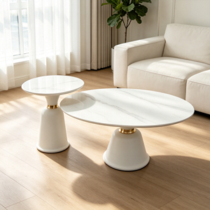 Ensemble de tables basses gigognes modernes avec accents or blanc, plateau en marbre, piédestal conique, style luxe léger, pour salon et hôtel - Product Image 2