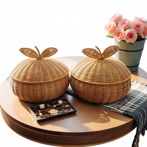 Panier de rangement en rotin tressé à la main avec couvercle, en forme de pomme, pour fruits, organisateur pour salon, cuisine, thé, œufs, boîte à collation - Product Image 1