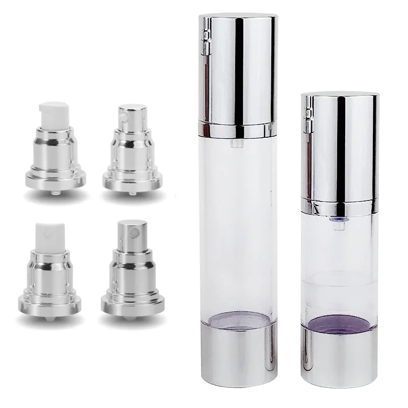 Silberne Farbe Airless Lotion Pump flasche YT_MS Airless Kollektion Silber Silber dekoriert klare Pump flasche Airless 15ml-120ml