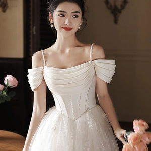 White Off Shoulder Wedding Dress Sweetheart Neckline Empire Waistline Polyester Evening <b>Gown</b> For Petite <b>Brides</b> - Product Image 2