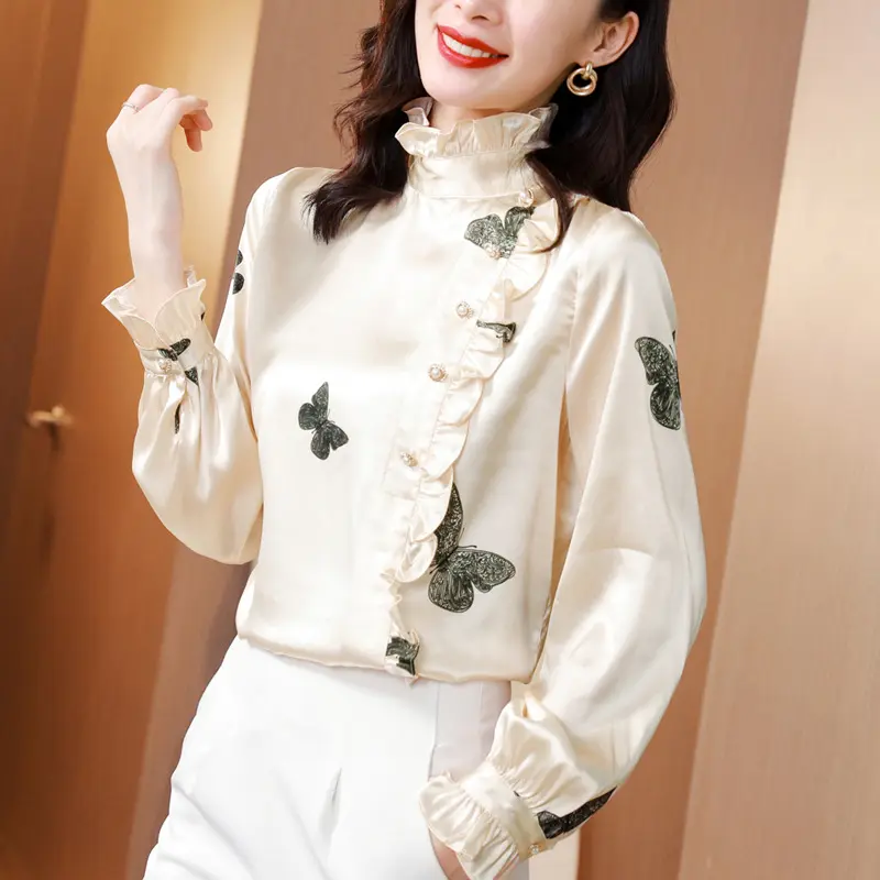 Chiffon Ruffle Blouse Flare Sleeve Women Stand Collar Butterfly Print Loose Shirt 2022 Summer New Office Lady Casual Wear