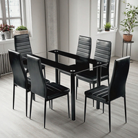 Ensemble table et 6 chaises de salle à manger en verre trempé moderne 8 mm, avec chaises en PVC noir, échantillon gratuit, pour ameublement de maison