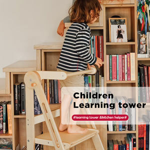 Kid Foldable Kitchen Helper Tower Step Stool Learning Tower for Toddler Baby Wooden Adjustable Height <b>Montessori</b> Step Stool - Product Image 2