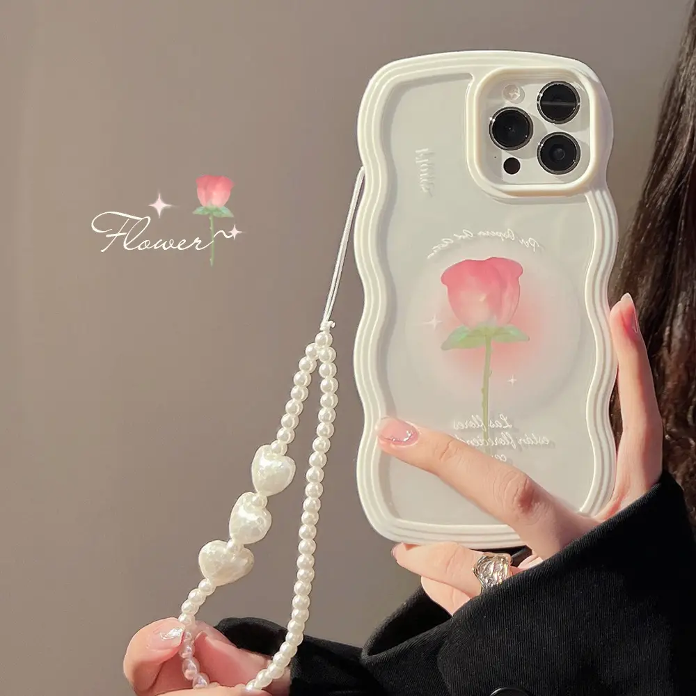 Luxury Solid Rose White Wavy Edge Cover with Pearl Love Lanyard Chain Phone Case For iPhone 14 11 12 13 Pro Max Xr X Xs Max