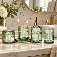 Ensemble de 5 accessoires de salle de bain en verre trempé, finition cristal : distributeur de savon, porte-brosse à dents, gobelet, pot de rangement, pour vanité