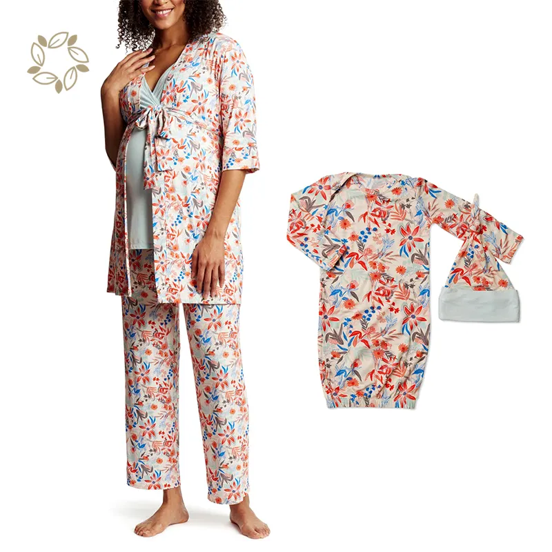 Pyjama écologique en bambou pour maman et moi, ensemble de 5 pièces de maternité/allaitement, robes de naissance durables, ensemble assorti