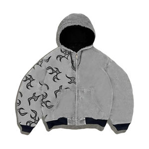 جاكيت جينز مخصص بغطاء للرأس وسحاب، بغسيل حمضي، فضفاض، من قماش القطن، ملابس الشارع، طراز قديم، للشتاء، مطبوع، طويل، سترة عمل - Product Image 2