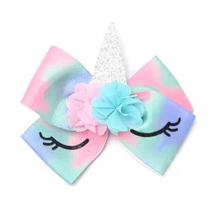 Tie-dye licorne acclamation arcs pour pom-pom girl filles arc-en-ciel cheveux queue de cheval cravate avec épingles à cheveux