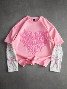 Soft <strong>Goth</strong> Pink Double-layer T-shirt Overlay Chenille Heart Print Cherub Long Sleeve Liner Breathable Two-piece T-shirt - Product Image 1