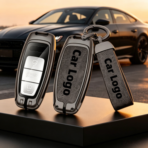 Étui de protection <span class=keywords><strong>double</strong></span> en cuir et métal pour <span class=keywords><strong>clé</strong></span> de voiture <span class=keywords><strong>Audi</strong></span>, en alliage de zinc gris, personnalisation rapide - Product Image 1
