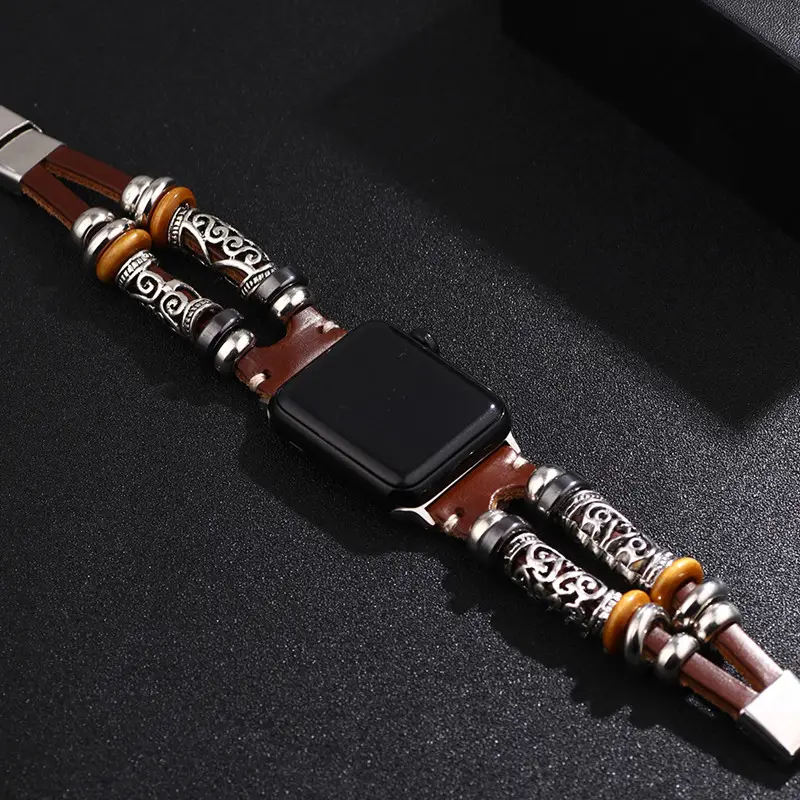 Genuine Leather Stainless Steel Beads Iwatch Wrist Strap Replacement Apple Watch Band Braided Bracelet