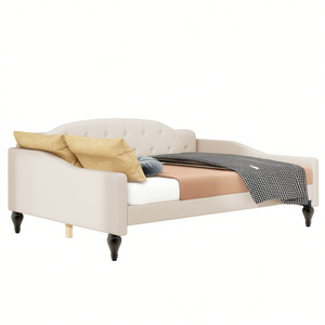 Divano letto beige imbottito a tutta grandezza, arredamento per soggiorno, stile moderno contemporaneo, in tessuto. - Product Image 1