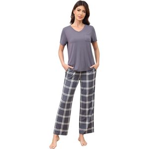 Conjunto de pijama de viscosa de bambú para mujer BambooBud, suave, de manga corta, con cuello en V y pantalones, ropa de dormir con bolsillos, ropa de estar por casa, tallas S-XXL - Product Image 1