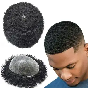 Peruca de cabelo afro ondulado para homens, peruca completa de renda francesa, preto, encaracolado, afro-americano, cabelo humano, peruca masculina