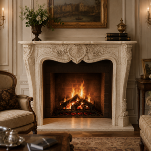 Chimenea tradicional de mármol con tallado ornamentado, de mármol beige Galala, para interiores, con estufa de leña para comedor. - Product Image 6