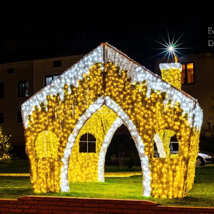 Grande passeggiata attraverso la luce del motivo di natale dell'esposizione della via principale 3D della casa del pane dello zenzero pre-illuminata