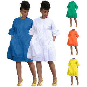 Vestidos de Verano Modernos D8584 para Mujer, Casuales, con Mangas Holgadas, Cuello Redondo, Color Sólido, Elegantes, Holgados, Tipo Camisa - Product Image 1