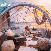 Dôme géodésique d'hiver transparent de 6 m, 7 m, 8 m, maison en verre, cadre métallique, hôtel, grand dôme de glamping avec salle de bain, design intérieur